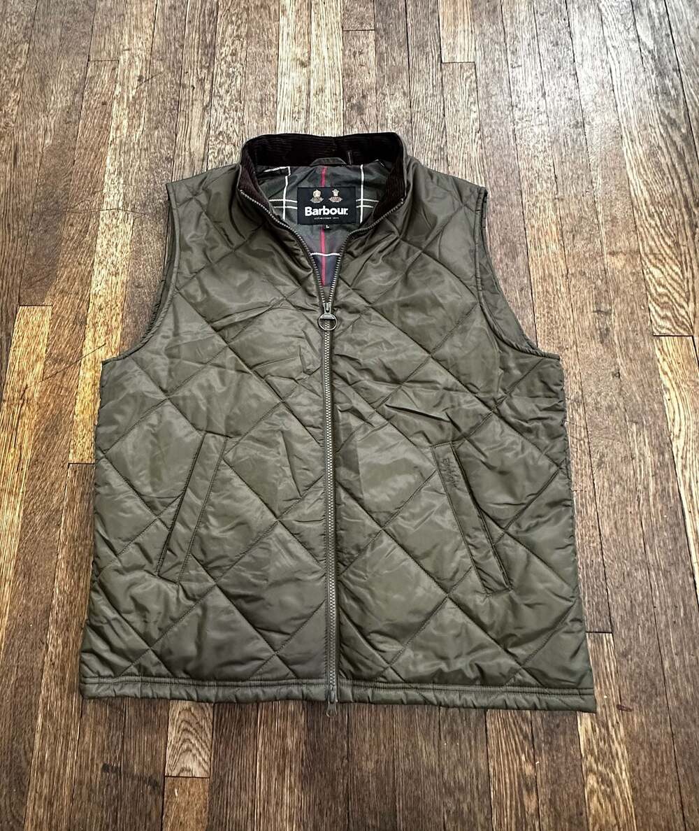 Barbour Finn Gilet Quilted Vest Olive Green Corduroy Collar Size L